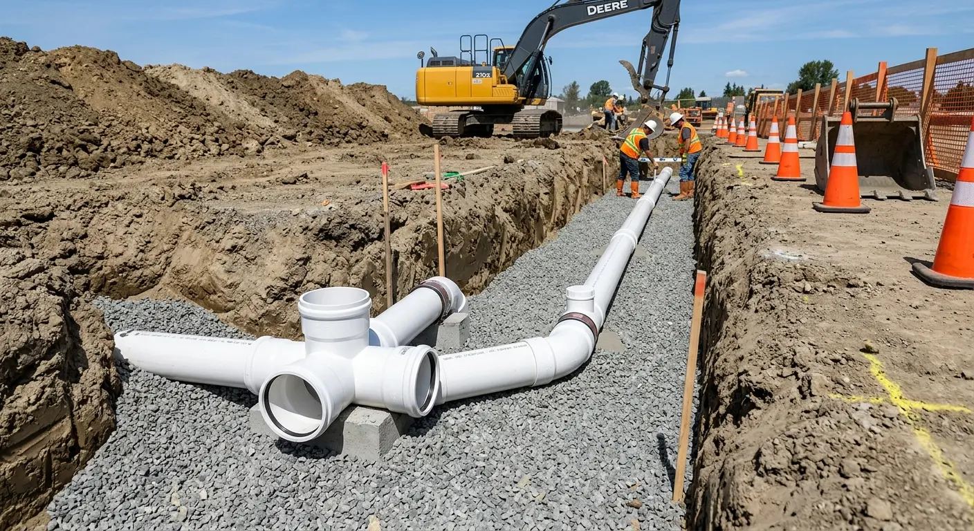 New PVC sewer pipe installation in open trench for Sewer Backup in Midland